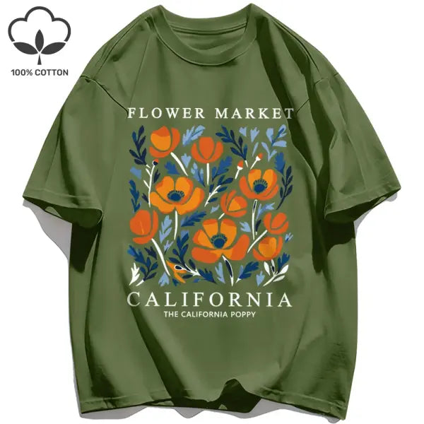 Yellow flowers market cotton t-shirt with a loose fit - Dark Green / S / CHINA