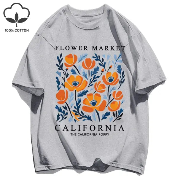 Yellow flowers market cotton t-shirt with a loose fit - Gray / XXL / CHINA