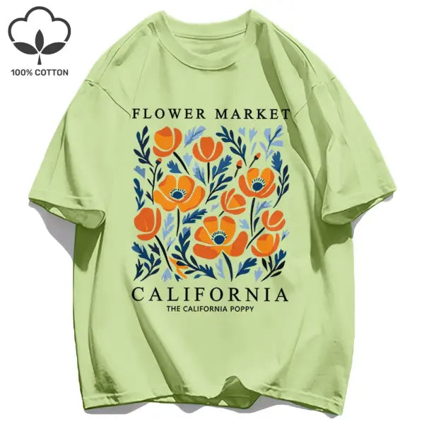 Yellow flowers market cotton t-shirt with a loose fit - Light Green / XL / CHINA