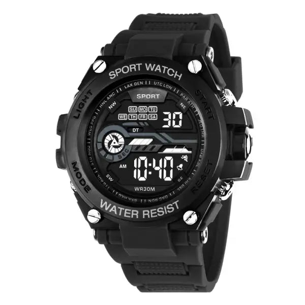 Men s Sports Watch LED Digital Alarm Clock Waterproof Silicone - Black