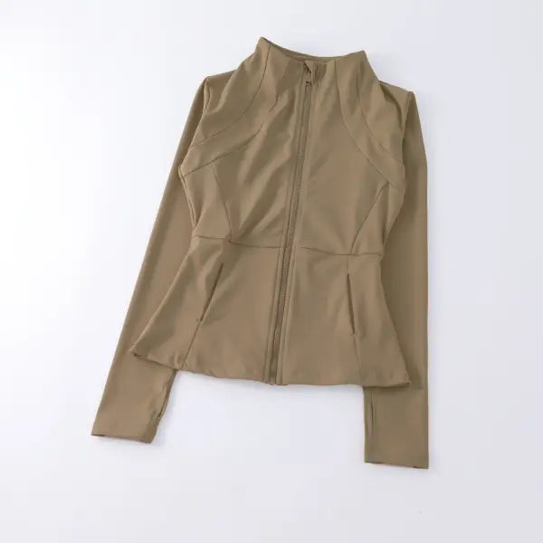 Women’s Yoga & Running Windbreaker – Long Sleeve Sports Jacket Activewear Top - Khaki / M