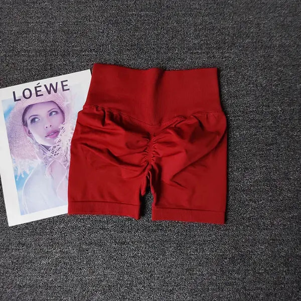 Polyester model number yoga shorts peach high waist fitness - Red / S